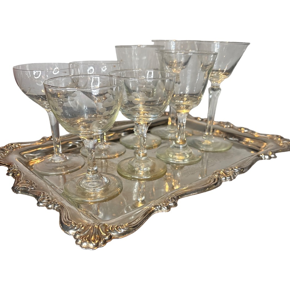 Set of Elegant Silver Ornate Tray with 4 pairs of Barware Glasses